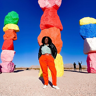 A person wearing a pair of Keds Champion Originals in white, standing in the desert in front of colorfully painted, stacked rocks.
